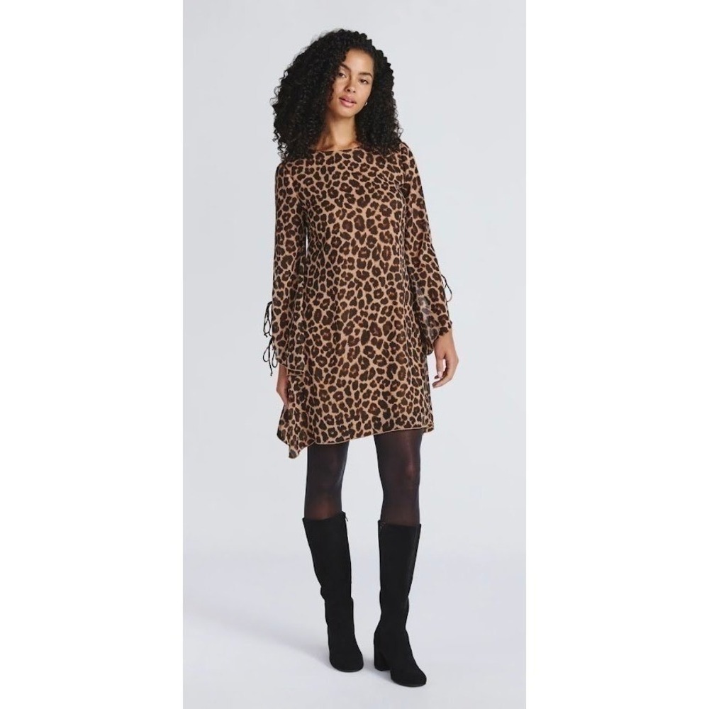 Time and Tru Women Leopard Print Tie Sleeve Mini Dress Brown L‎ 12-14 NWT